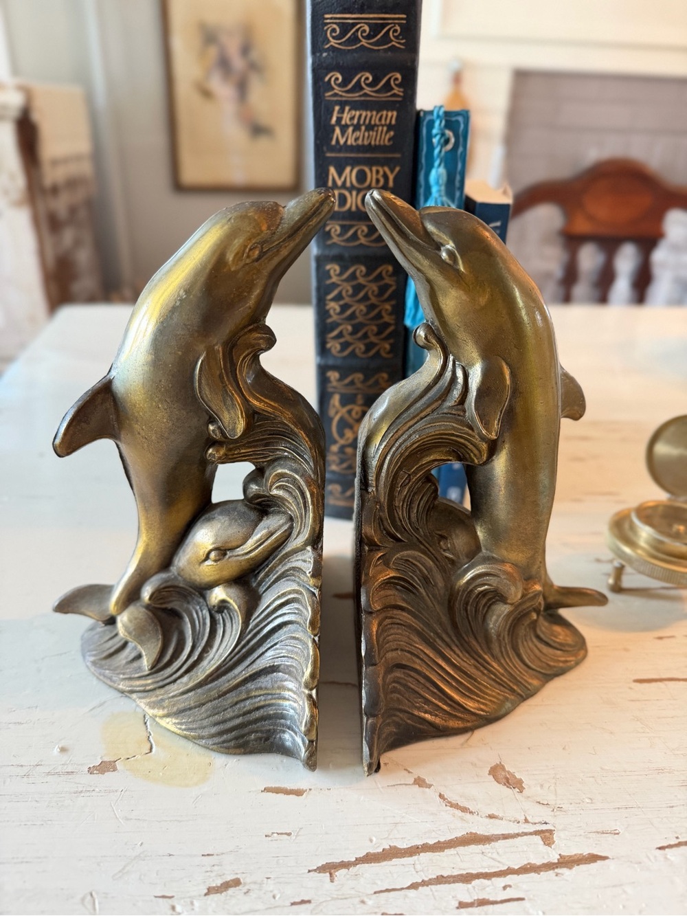 Vintage Brass Dolphin Bookends - Pair
